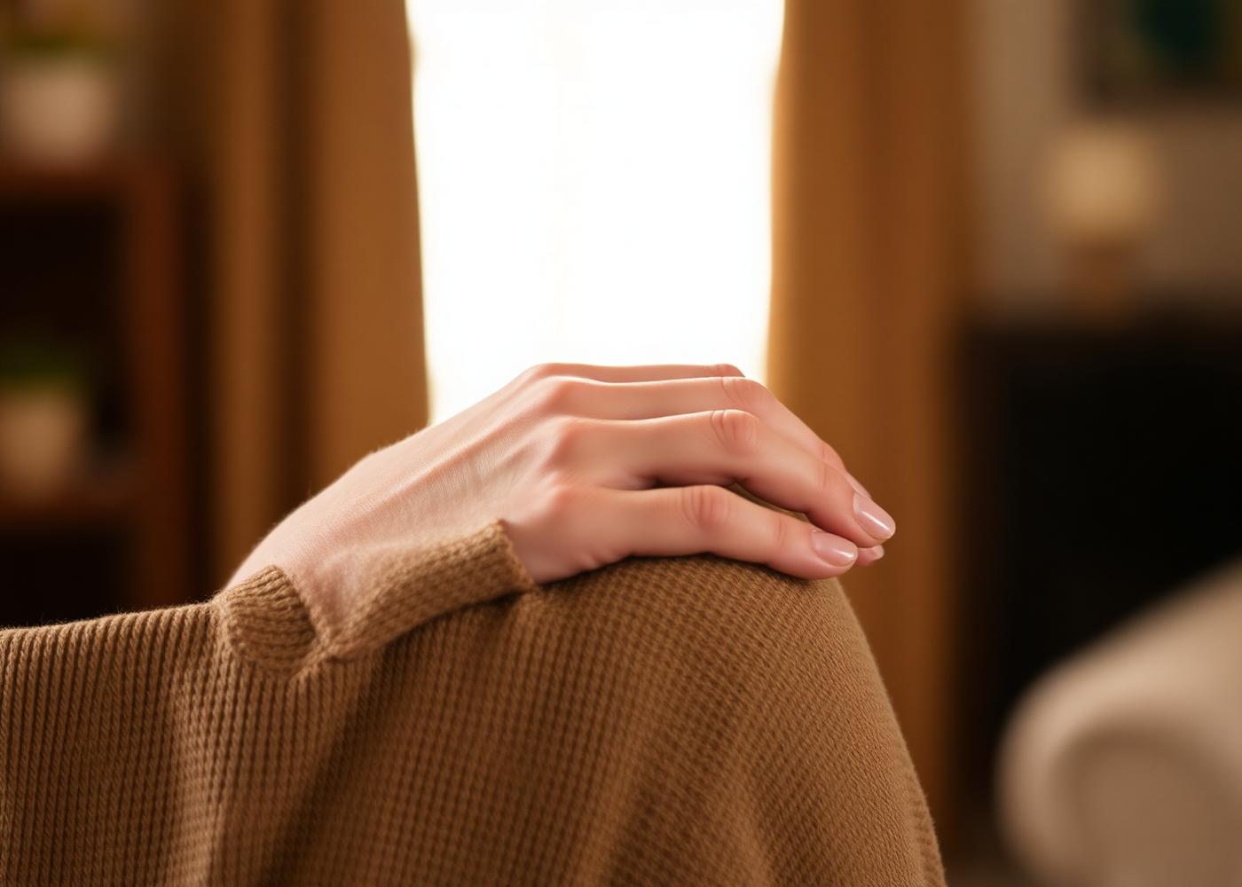 A supportive hand resting on a shoulder in a warm, softly lit room.