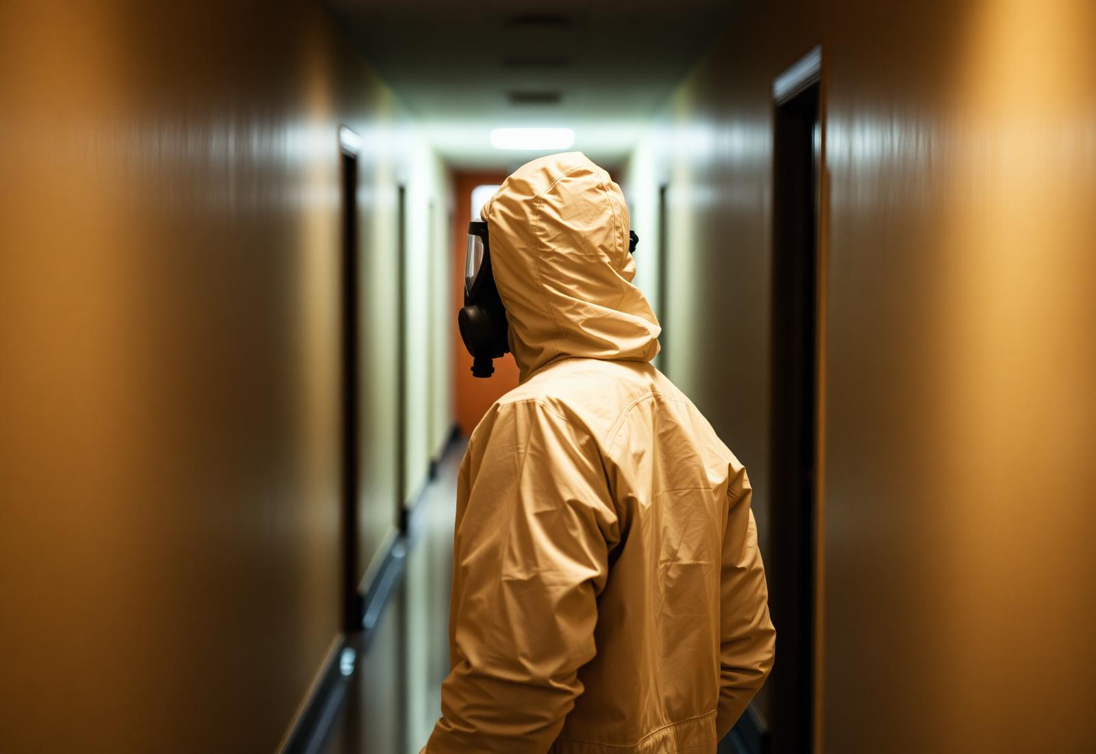 A cleanup professional in protective equipment preparing to enter a work area.